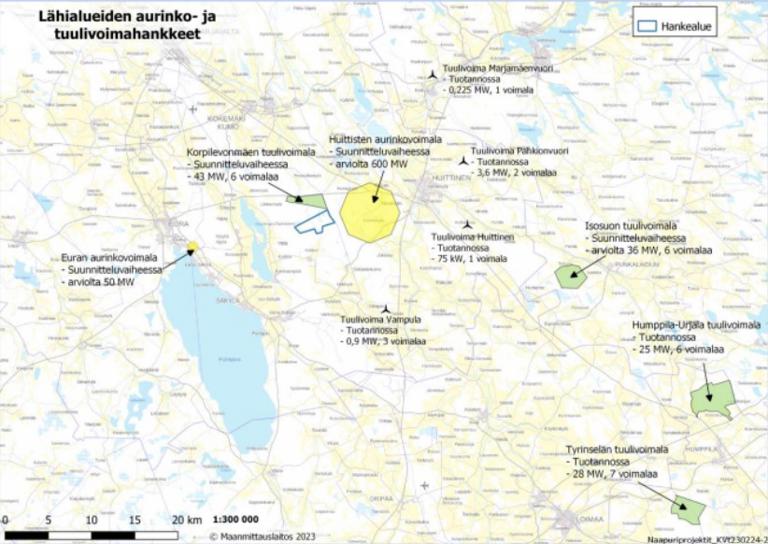Panostus uusiutuvan energian hankkeisiin näkyy voimakkaasti Huittisten seudulla. Kartta sisältyy Sky Power Finlandin selvitysmateriaaliin,