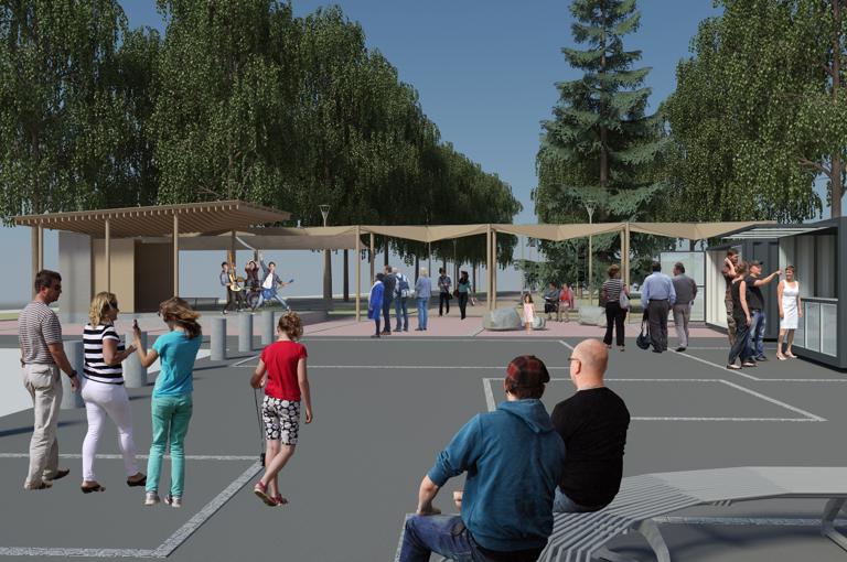 Paviljonki on suunniteltu tehtäväksi accoya-puusta teräskiinnikkein. Esiintymislavan katto on silkkipainettua lasikatetta, lavan takaseinä on rei'itettyä teräslevyä. Kuvat: Hila Arkkitehdit