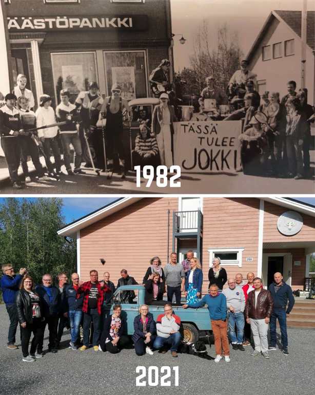 Jokkilaiset kokoontuivat 39 vuoden tauon jälkeen. Kuvauspaikka oli eri, mutta rekvisiittana oli sama Datsun, vuosimallia 1964.