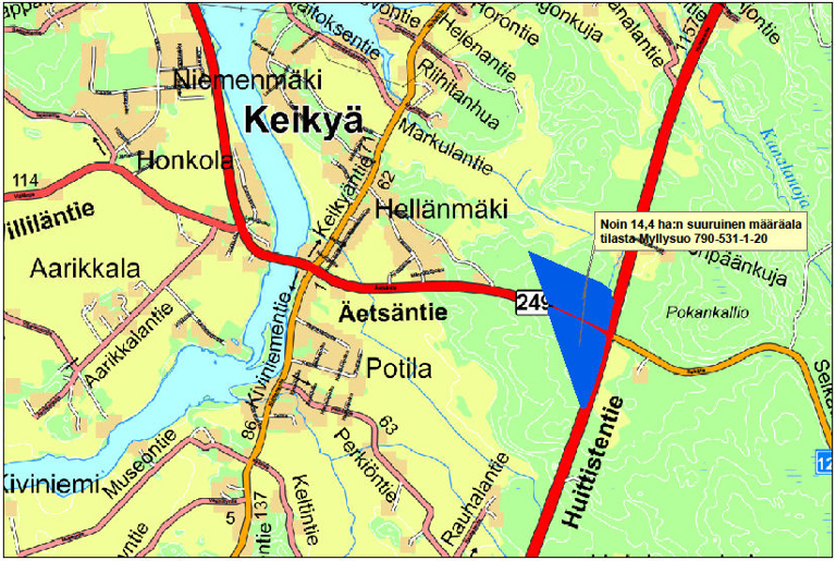Sastamalan kaupunki ostaa Keikyän risteyksestä noin 14,4 hehtaarin suuruisen määräalan tilasta Myllysuo. Kuva: Sastamalan kaupunki