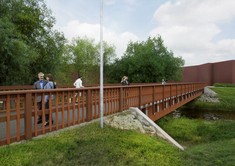 Uusi silta korvaa vuonna 1975 rakennetun puurakenteisen kevytliikennesillan. Havainnekuva: Huittisten kaupungin tekninen palvelukeskus