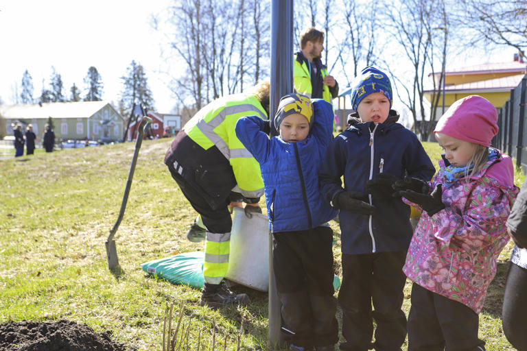 Väinö, Leo ja Elli ihmettelevät istutusten lomassa maasta löytynyttä leppäkerttua Ellin kädellä. Kuva: Nea Jokela